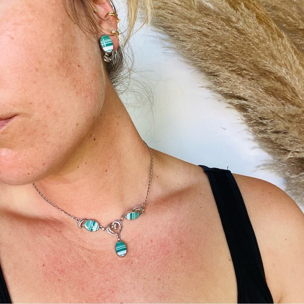 VINTAGE Silver White Turquoise Clip On Screw Earrings Pendant Necklace Jewelry